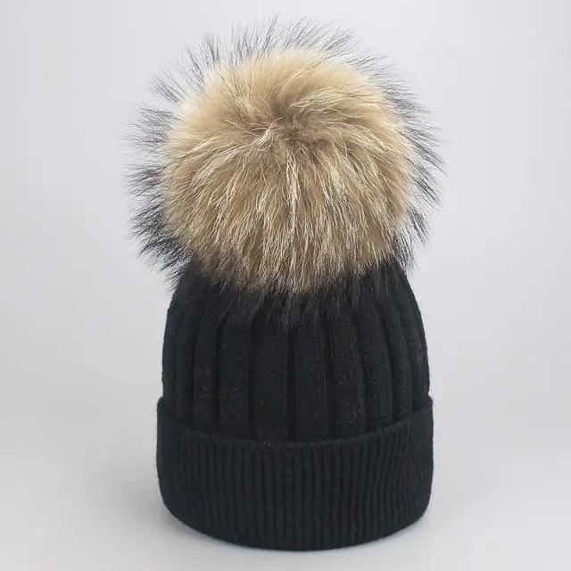Beanie Stevvex black knit with detachable fur pom pom on Tampa Home & Garden Store