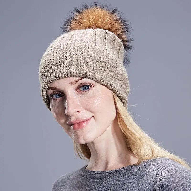Beige knit beanie with detachable faux fur pom by Stevvex STIL6866KMLLF for adults and kids on Tampa Home & Garden Store