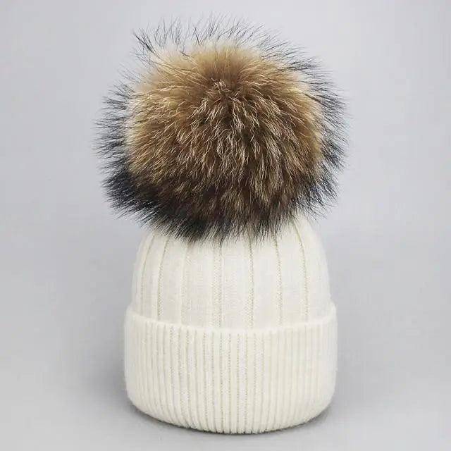 Stevvex white knit beanie with large brown fur pom-pom, detachable winter cap for all on Tampa Home & Garden Store