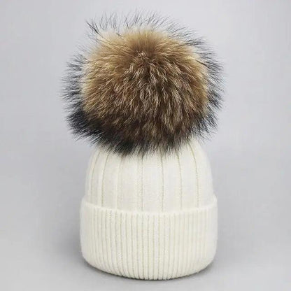 Stevvex white knit beanie with large brown fur pom-pom, detachable winter cap for all on Tampa Home & Garden Store