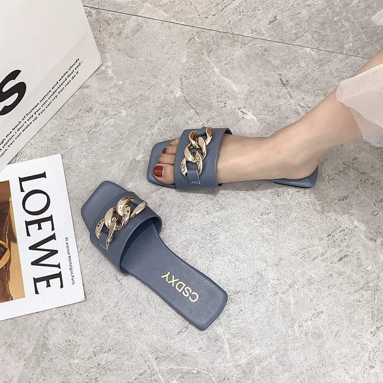 Stevvex blue square-toe chain slide sandals, pair shown with gold chain, slip-on flat on Tampa Home & Garden Store