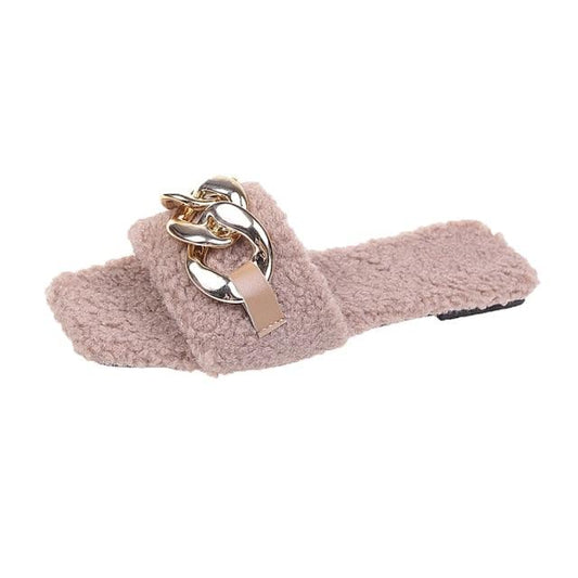 Stevvex fuzzy pink square-toe chain slide sandal with gold chain strap on Tampa Home & Garden Store