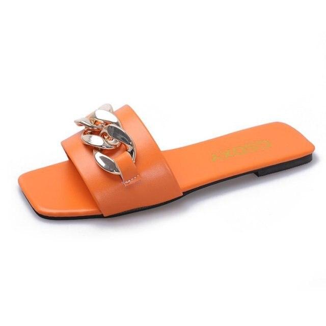 Stevvex square toe chain slide sandal with metallic chain strap, flat slip-on casual sandal on Tampa Home & Garden Store