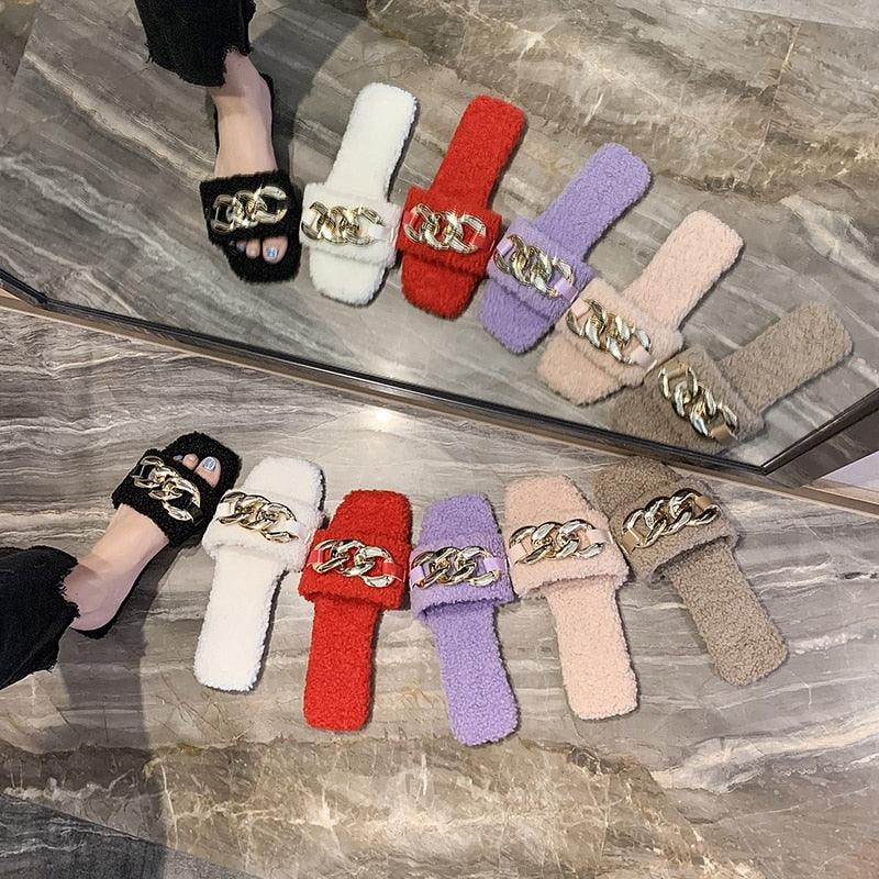 Stevvex fluffy square-toe chain slide sandals in black white red set for women on Tampa Home & Garden Store