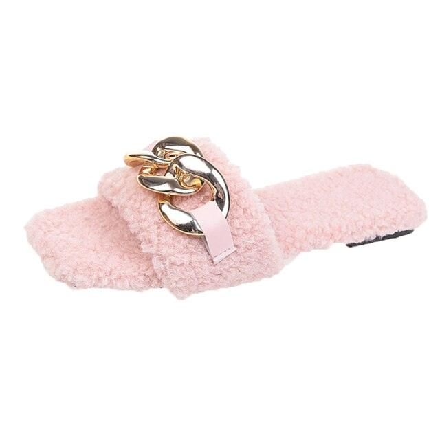 Stevvex pink fuzzy slipper slide with chunky gold chain, square toe slip-on flat sandal for summer on Tampa Home & Garden Store