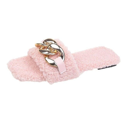 Stevvex pink fuzzy slipper slide with chunky gold chain, square toe slip-on flat sandal for summer on Tampa Home & Garden Store