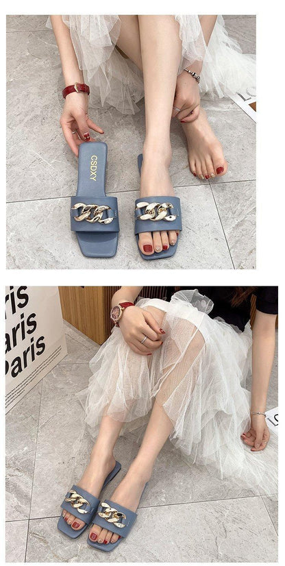 Stevvex blue-gray square-toe chain slide sandals with gold chain detail on Tampa Home & Garden Store