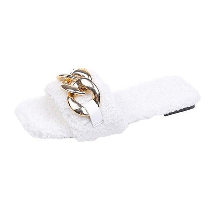 White fuzzy square-toe slip-on sandal with gold chain accent by Stevvex on Tampa Home & Garden Store