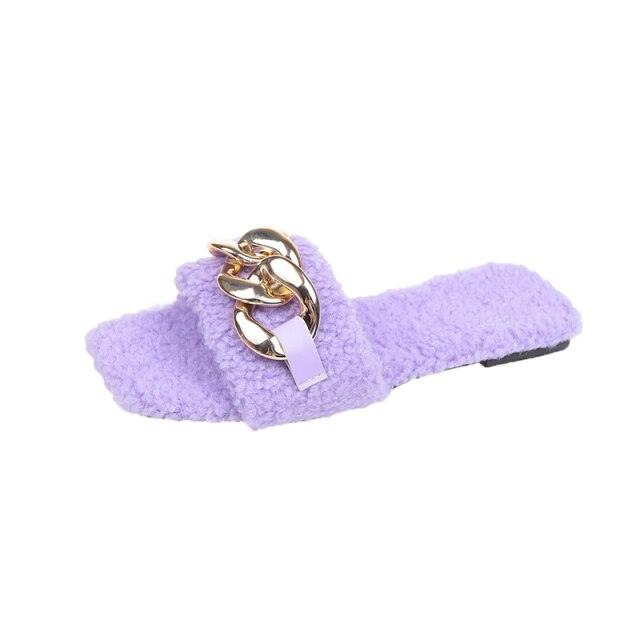 Stevvex women's lavender fluffy square-toe slide sandal with gold chain strap on Tampa Home & Garden Store