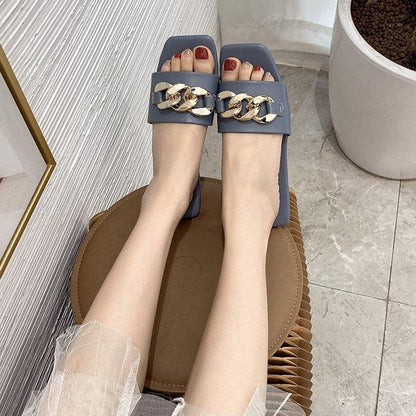 Stevvex blue-gray square-toe chain slide sandals with gold chain detail on Tampa Home & Garden Store