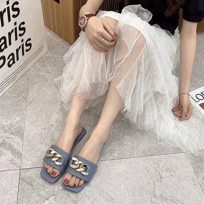Stevvex blue square-toe chain slide sandals with chunky gold chain detail on Tampa Home & Garden Store