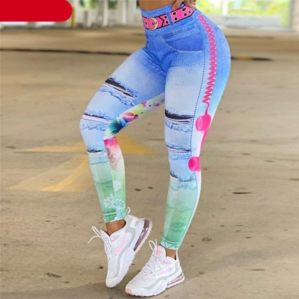 Stevvex women's leggings with colorful 3D print, blue denim gradient and tummy control on Tampa Home & Garden Store