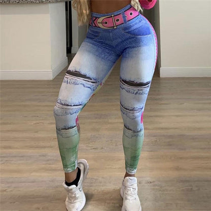 Leggings women's printed yoga pants with blue-green denim print for workouts on Tampa Home & Garden Store