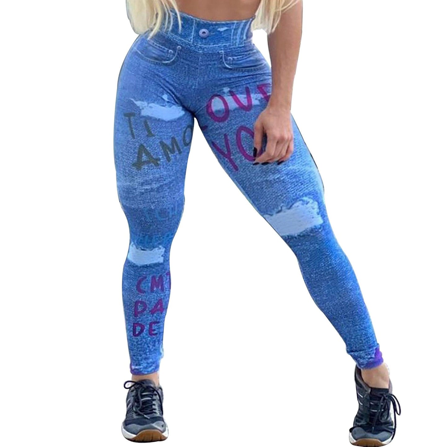 Stevvex denim print leggings for women, blue 3D graffiti text, tummy control on Tampa Home & Garden Store