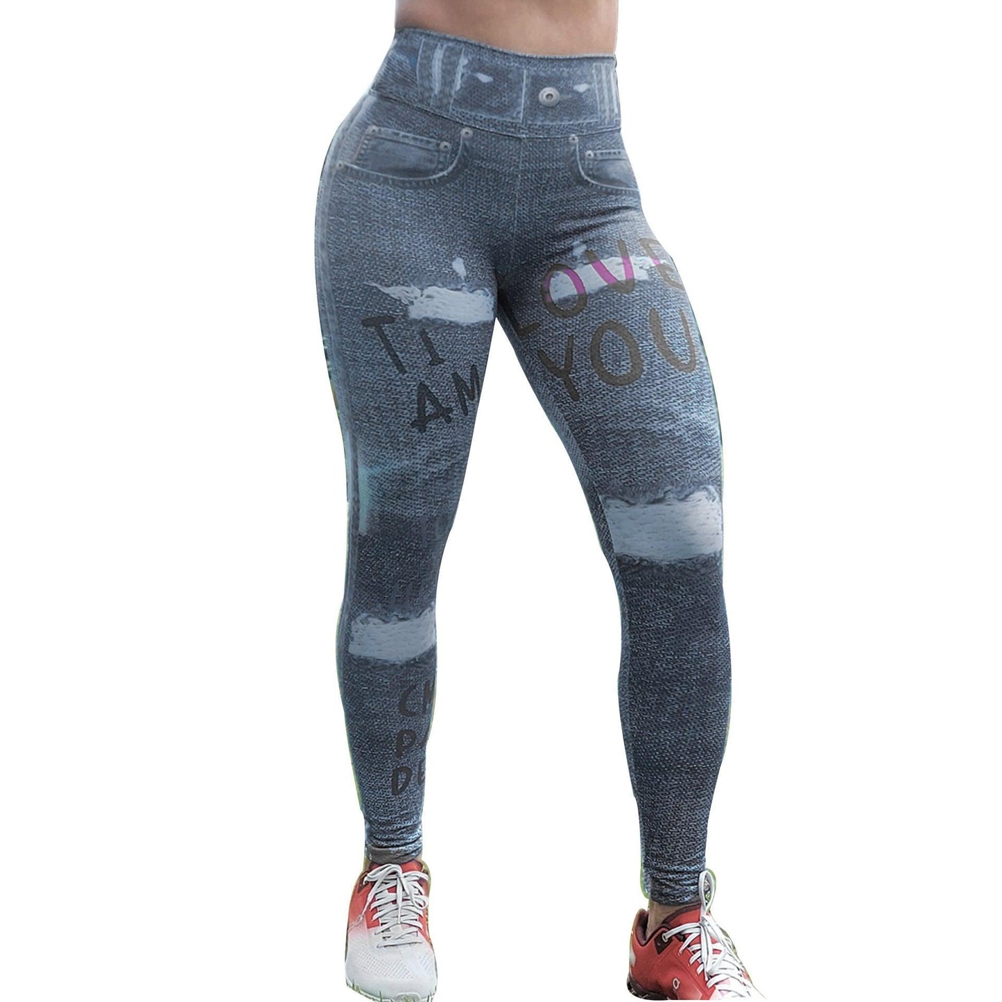 Stevvex women's denim-look printed leggings with pink LOVE text, tummy-control running yoga pants on Tampa Home & Garden Store