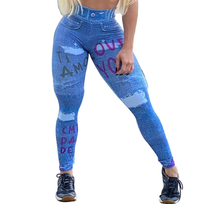 Stevvex women's printed denim-look leggings with high waist and blue 3D print text on Tampa Home & Garden Store