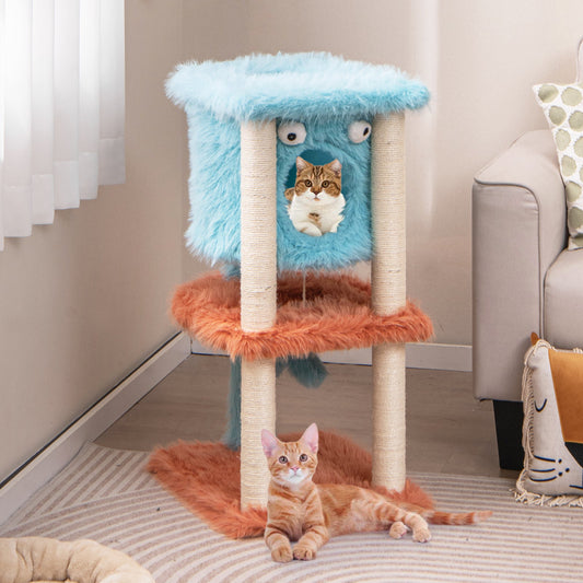 Cute Monster-Themed Cat Tower with Private Condo and Soft Long Plush-Blue - Tampa Home & Garden Store