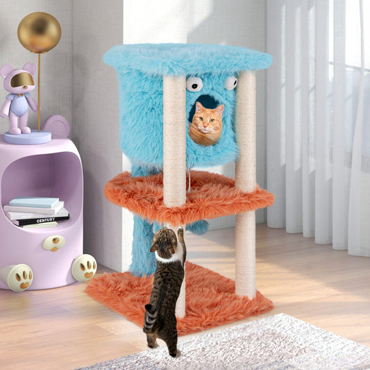 Cute Monster-Themed Cat Tower with Private Condo and Soft Long Plush-Blue - Tampa Home & Garden Store