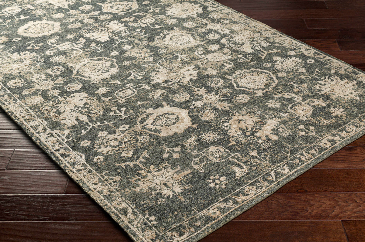 Cutlerville Handmade Wool Area Rug - Clearance gray wool with ivory floral pattern bordered on Tampa Home & Garden Store