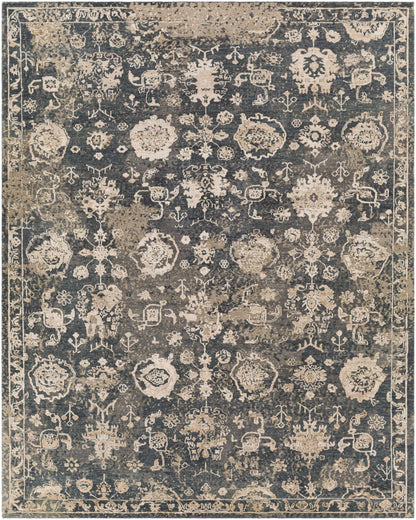 Cutlerville handmade wool area rug in navy and beige with ornate floral medallions on Tampa Home & Garden Store