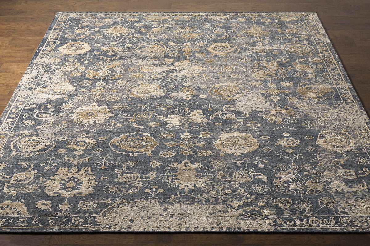 Cutlerville Handmade Wool Area Rug blue-gray with ivory distressed motifs and vintage border on Tampa Home & Garden Store