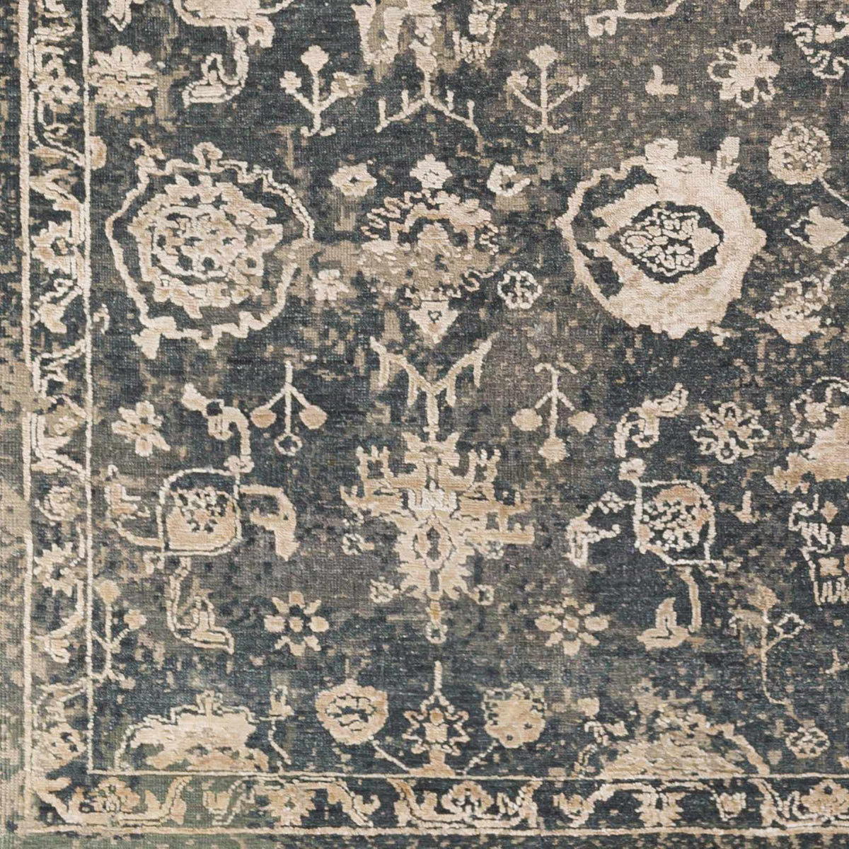 Cutlerville handmade wool area rug navy and cream floral medallion pattern Boutique Rugs on Tampa Home & Garden Store