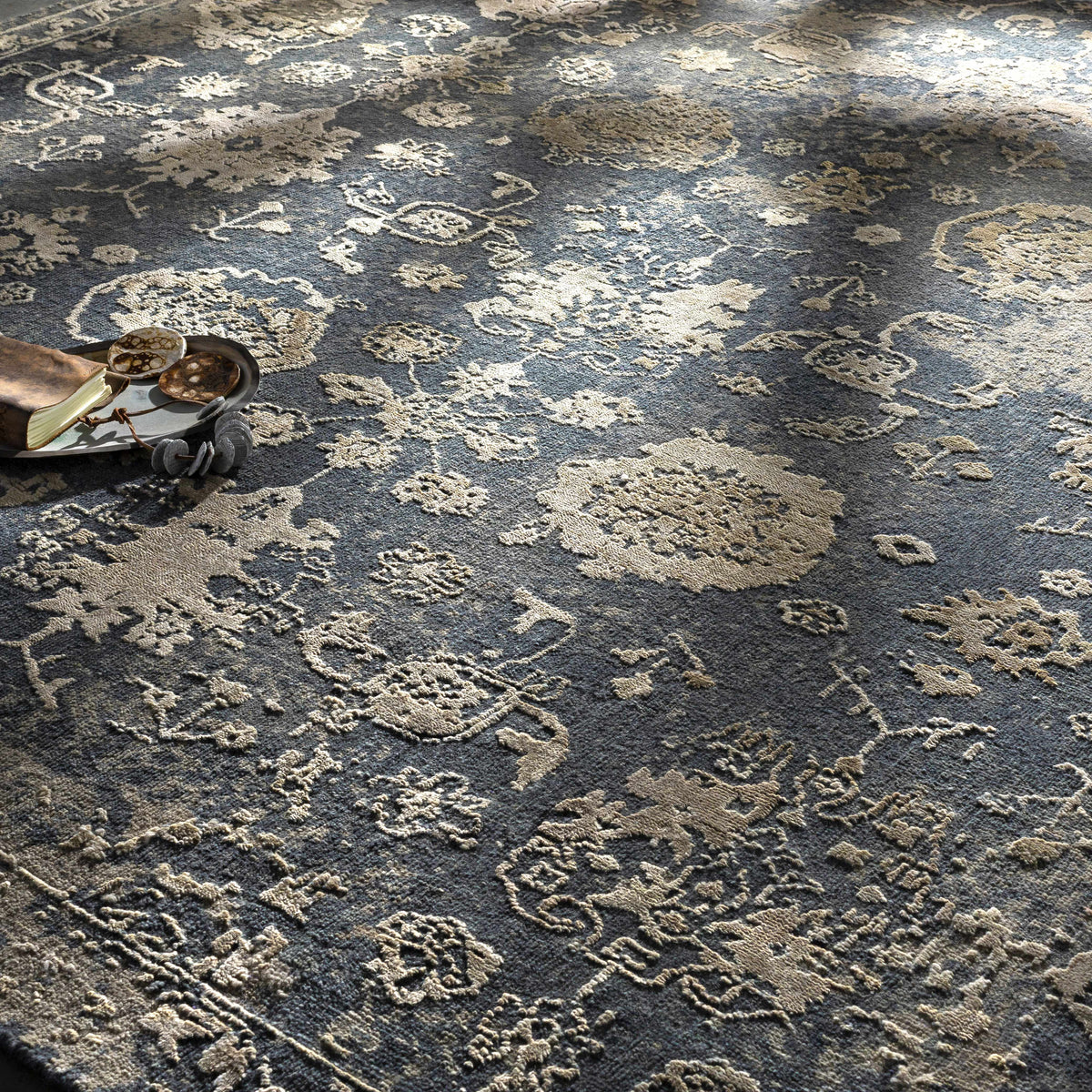Cutlerville handmade wool area rug in blue-gray with ivory floral pattern, Boutique Rugs on Tampa Home & Garden Store