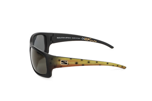 Outlaw sunglasses by Skeleton Optics black frame with cutthroat-trout temple gray lenses on Tampa Home & Garden Store