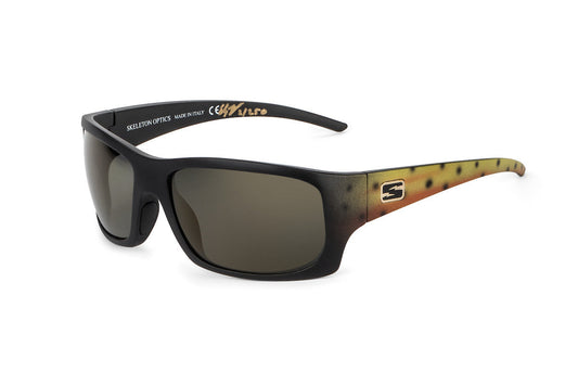 Outlaw Cutthroat Trout sunglasses Skeleton Optics black frame olive temples on Tampa Home & Garden Store