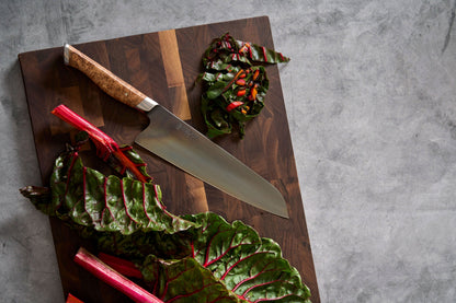 Everyday Knife & Board Set by STEELPORT Knife Co.; burlwood handle knife on dark board on Tampa Home & Garden Store