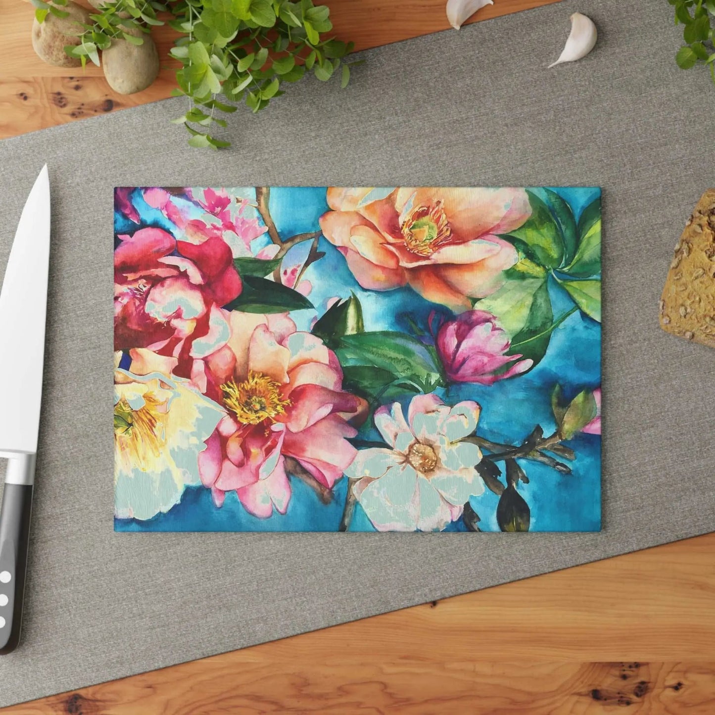 Tabla de cortar de cristal con motivos florales tropicales I – Arte funcional para tu cocina