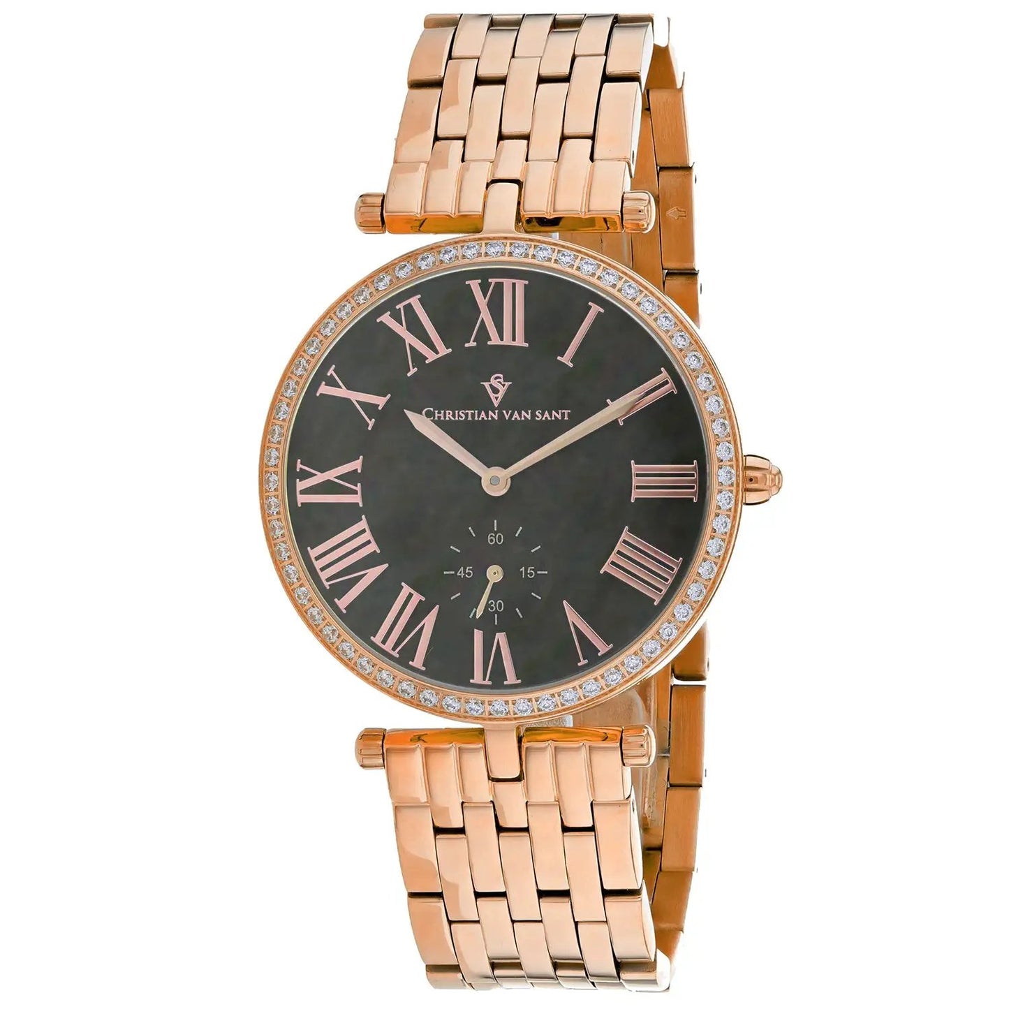 Christian Van Sant Hush watch with rose-gold bracelet, black dial, rose-gold Roman numerals, crystal bezel on Tampa Home & Garden Store