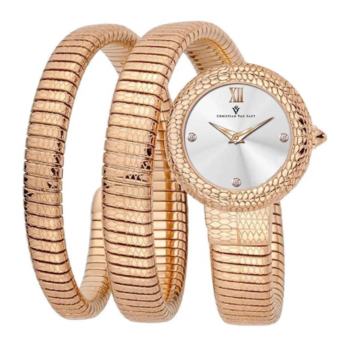 Christian Van Sant Naga women's watch with rose-gold snake-skin wrap bracelet and silver dial on Tampa Home & Garden Store