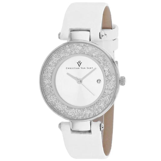 Christian Van Sant Women's Dazzle watch with white leather strap and crystal bezel on Tampa Home & Garden Store