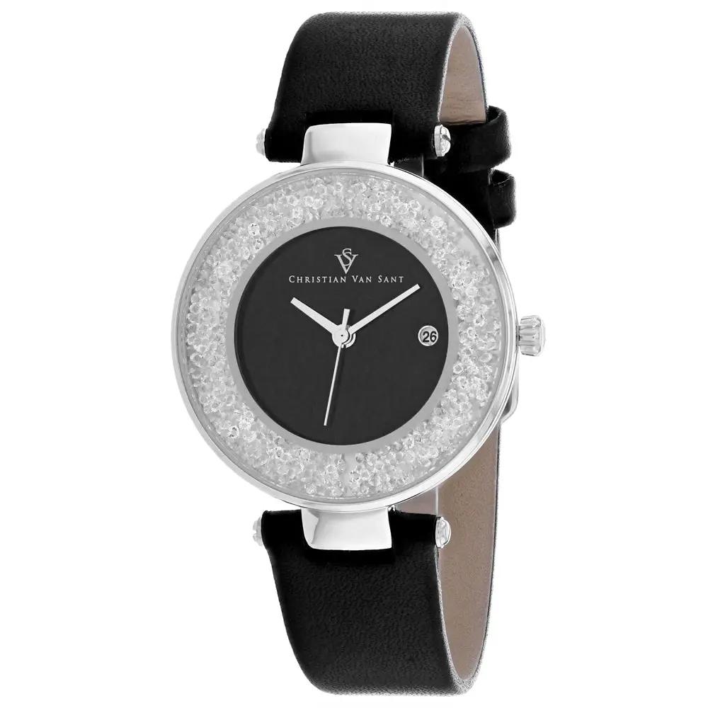 Christian Van Sant Women's Dazzle watch with black leather strap and crystal bezel on Tampa Home & Garden Store