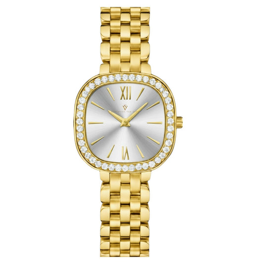 Christian Van Sant Rivoli women's gold-tone watch with diamond bezel, silver sunburst dial, and linked gold bracelet on Tampa Home & Garden Store