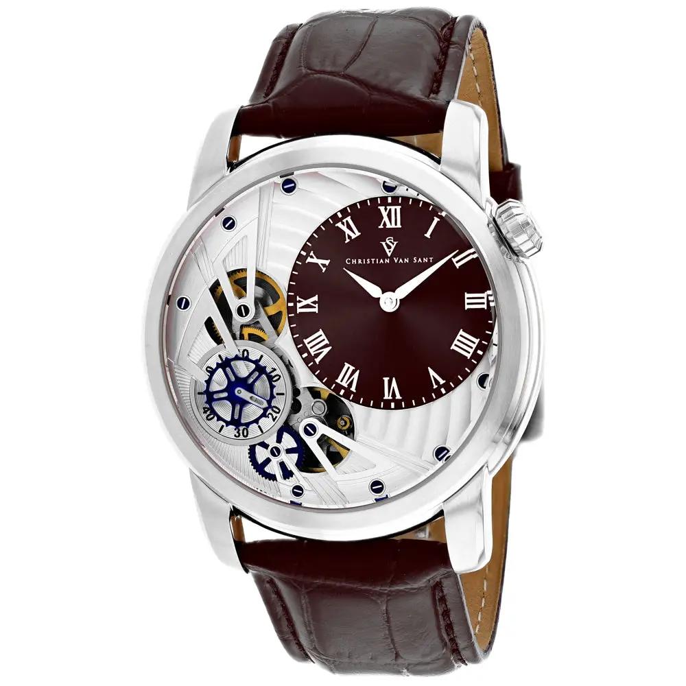 Watch Christian Van Sant Sprocket Auto-Quartz with burgundy dial, silver case, leather strap on Tampa Home & Garden Store