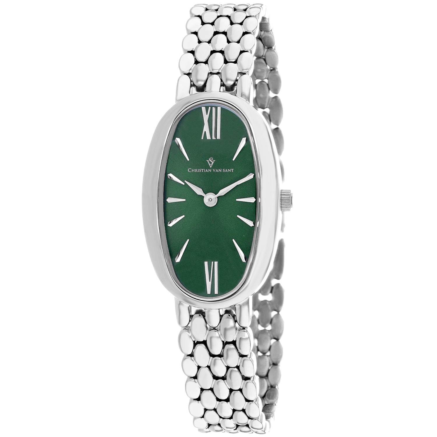 Christian Van Sant Women's Lucia watch green dial, silver oval case, bead-link bracelet on Tampa Home & Garden Store