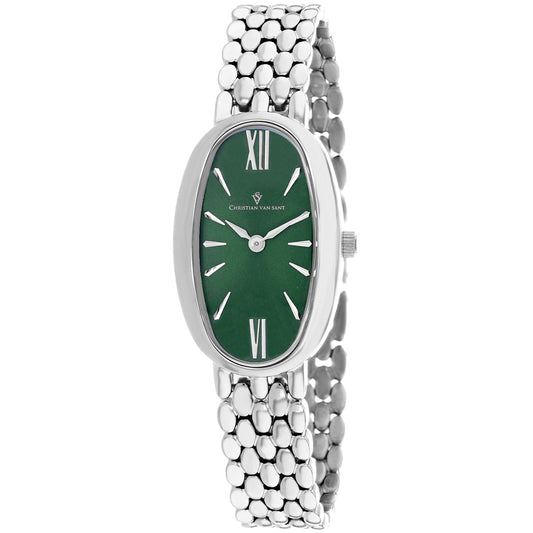 Christian Van Sant Women's Lucia watch green dial, silver oval case, bead-link bracelet on Tampa Home & Garden Store