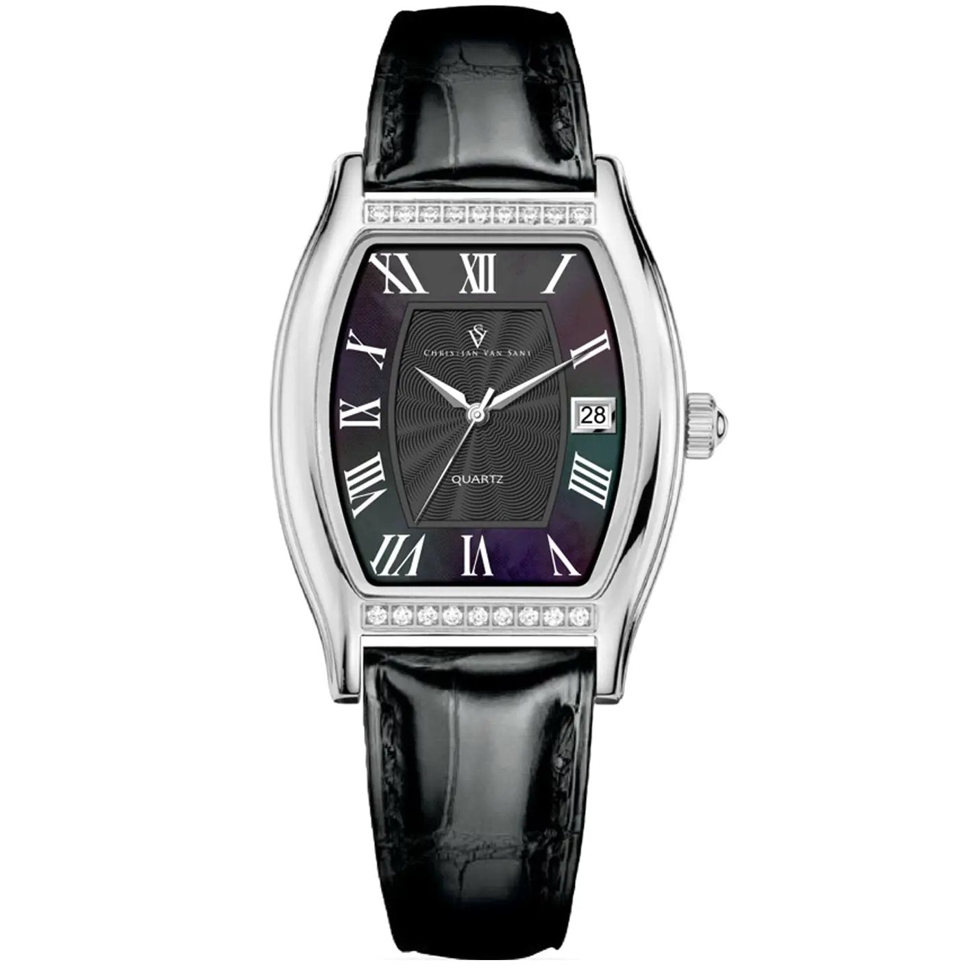 Christian Van Sant Gemma watch silver case, bezel, black leather strap, purple dial, date at 3 on Tampa Home & Garden Store
