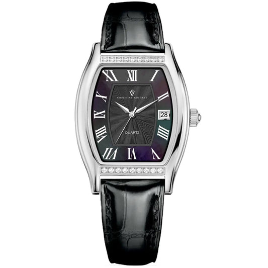 Christian Van Sant Gemma watch silver case, bezel, black leather strap, purple dial, date at 3 on Tampa Home & Garden Store