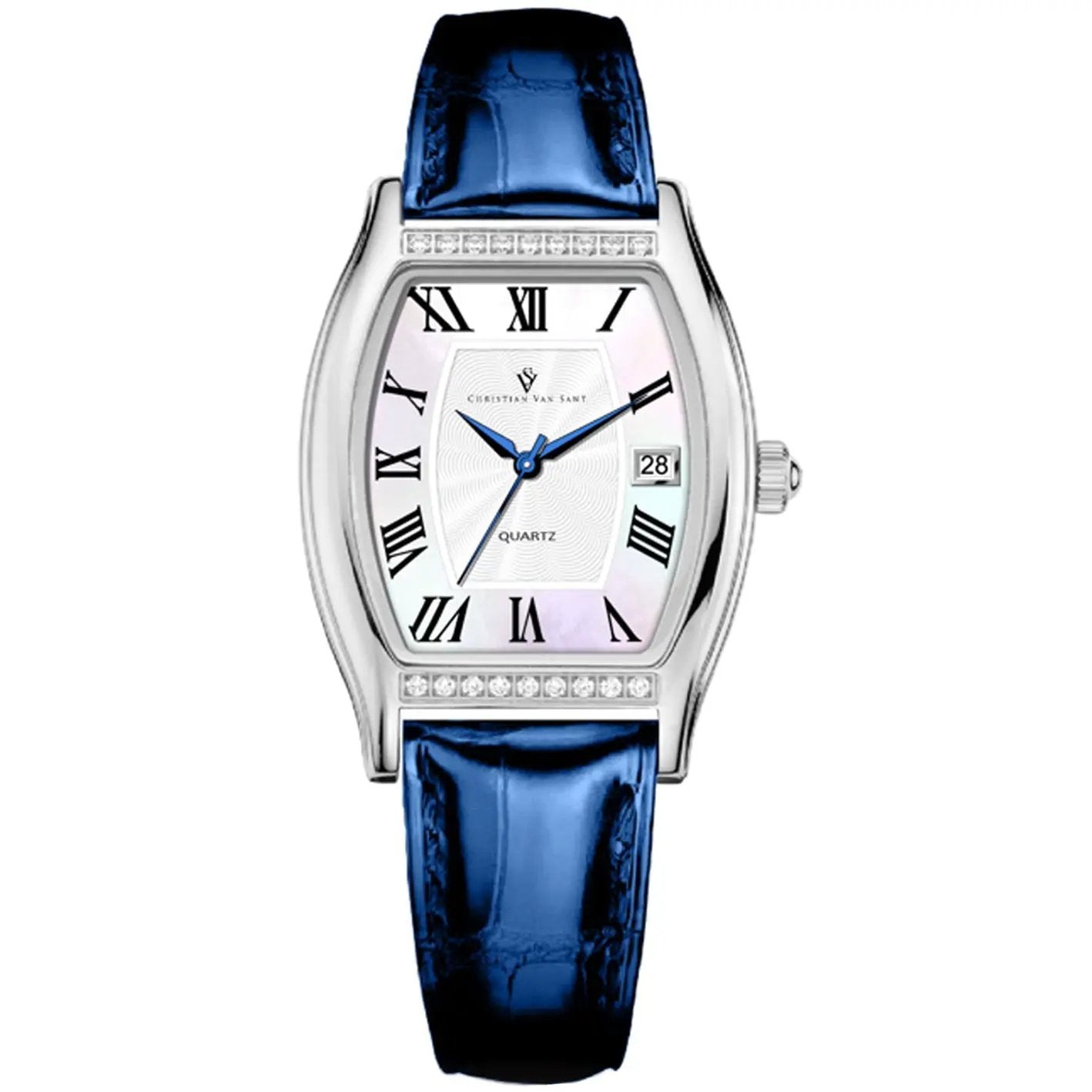 Gemma women's watch by Christian Van Sant with silver case, crystal accents, Roman numeral dial, blue leather strap on Tampa Home & Garden Store