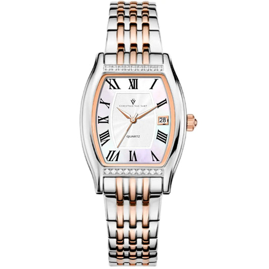 Christian Van Sant Gemma two-tone rose gold and silver bracelet, Roman numerals, date window on Tampa Home & Garden Store