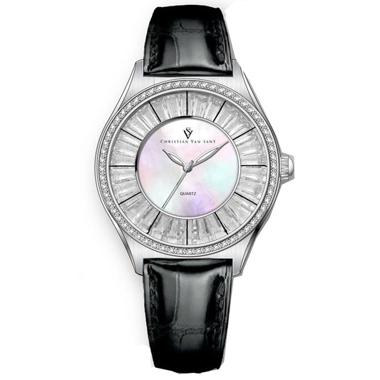 Christian Van Sant Luna women's quartz watch with diamond bezel and dial black leather strap on Tampa Home & Garden Store