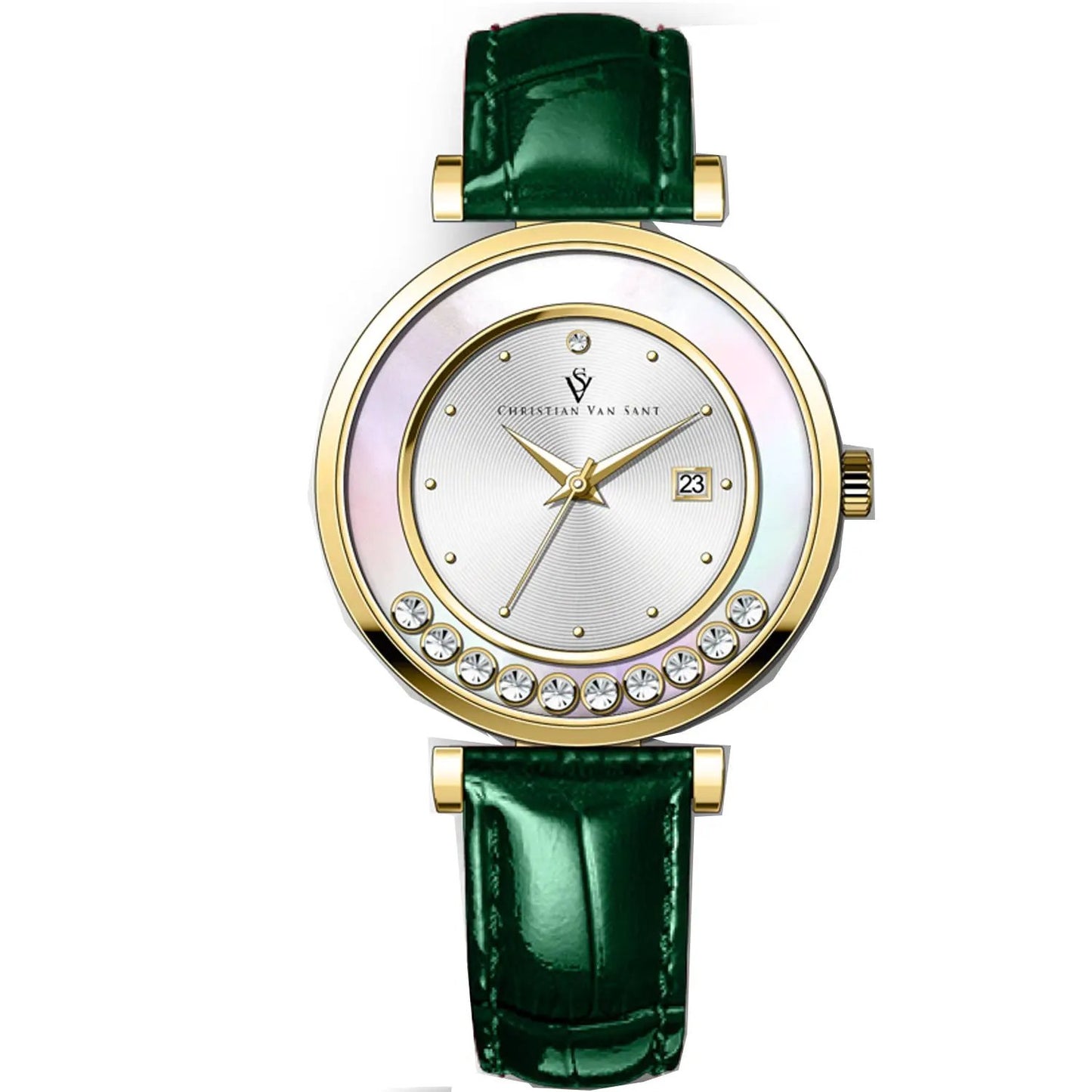 Christian Van Sant Bria women's watch with gold-tone case, green strap and crystal accents on Tampa Home & Garden Store
