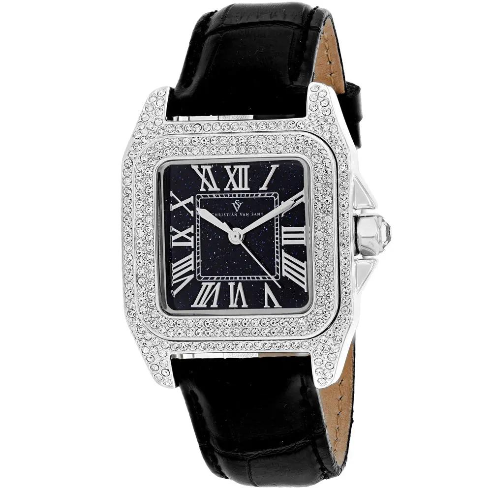 Christian Van Sant Radieuse watch with diamond bezel, blue dial, Roman numerals, leather strap on Tampa Home & Garden Store
