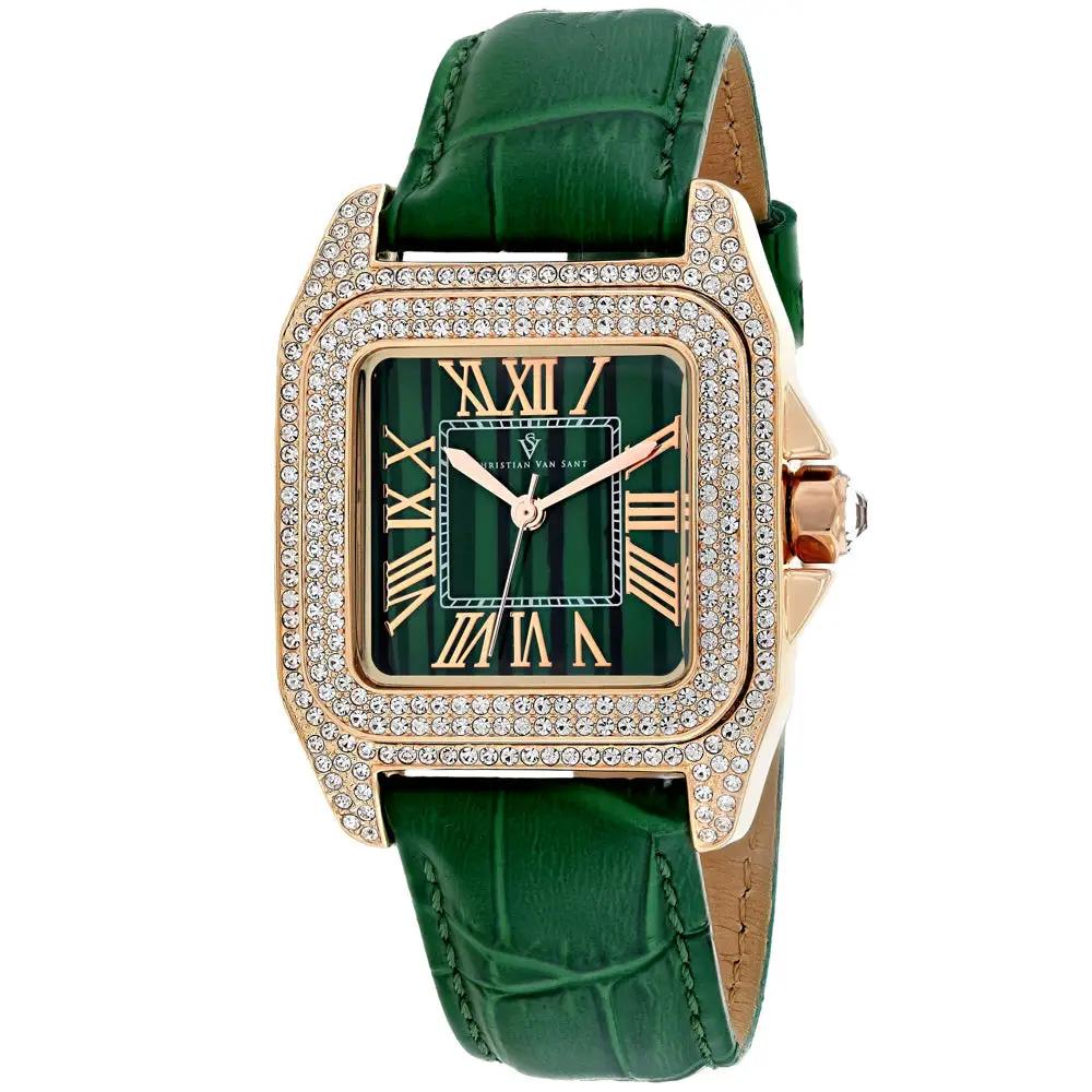 Christian Van Sant Radieuse watch with green dial, diamond bezel, green leather strap on Tampa Home & Garden Store