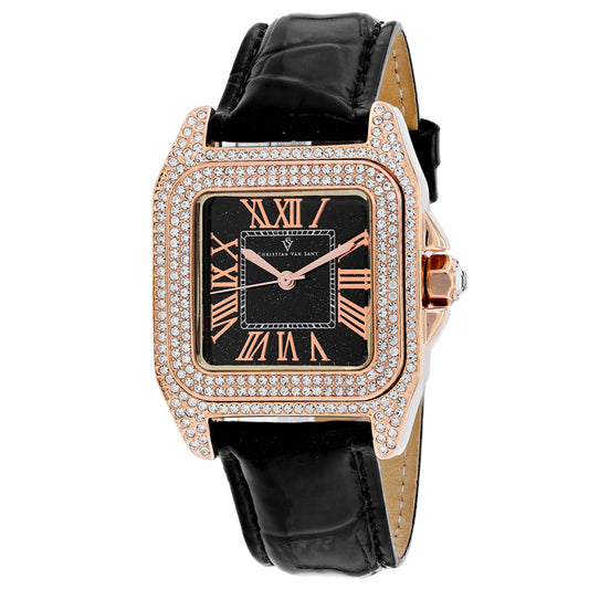 Christian Van Sant Radieuse watch with rose-gold crystal case, black dial, black leather strap on Tampa Home & Garden Store