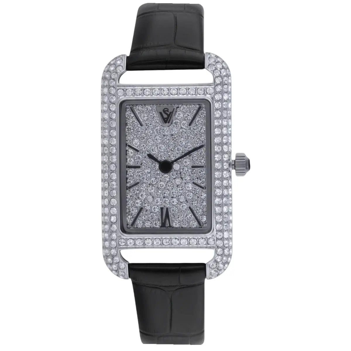 Christian Van Sant Women's Opaline watch with diamond bezel and black leather strap on Tampa Home & Garden Store