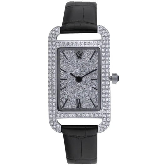 Christian Van Sant Women's Opaline watch with diamond bezel and black leather strap on Tampa Home & Garden Store
